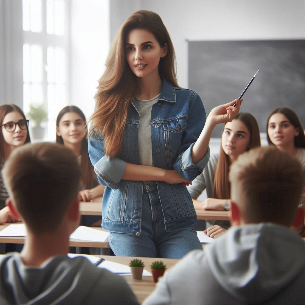Una Giovane insegnante svolgendo la sua attività di insegnante in una classe. Intorno a lei ci sono quattro studentesse e due studenti adolescenti. L'uso corretto della sua voce nella didattica cattura l'attenzione degli studenti