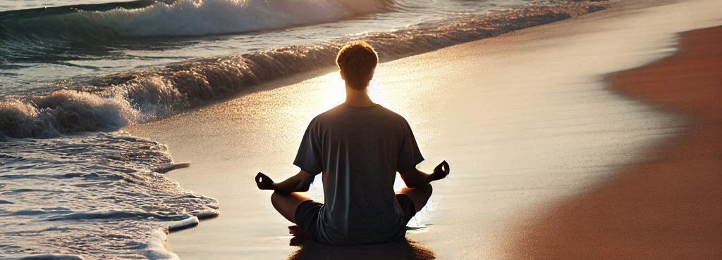 Un uomo pratica meditazione vibrazionale sul bagnasciuga del mare, rivolto al tramonto.