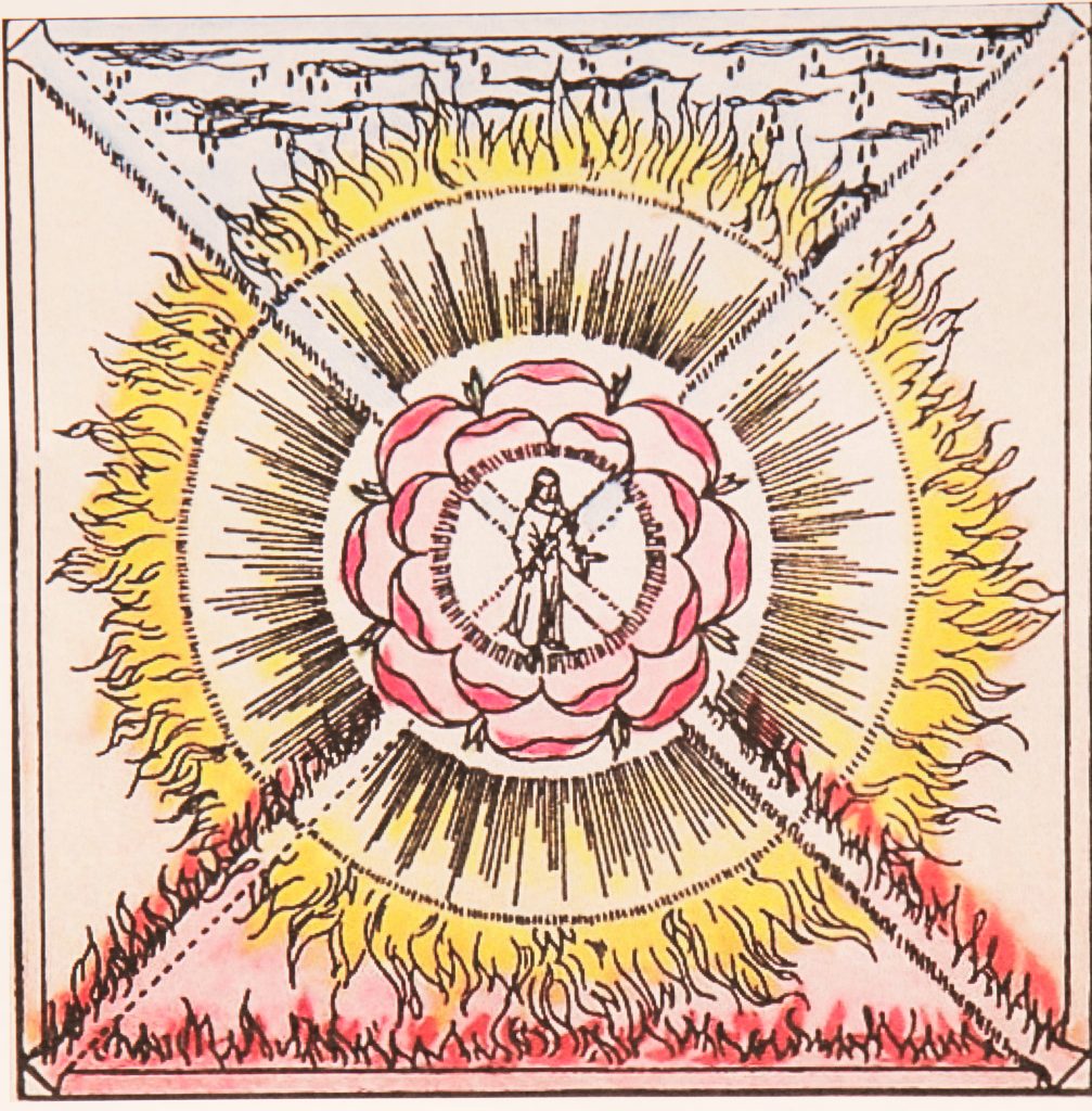 Mandala quadrato con fuoco e rosa. Simbolo molto stimolante per la voce