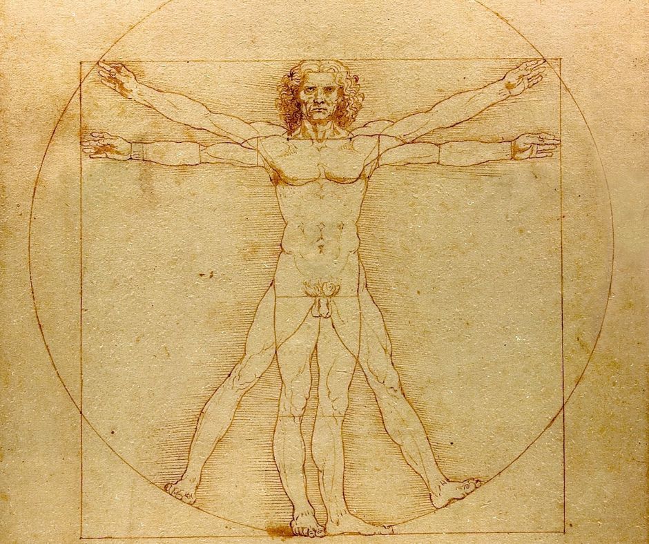 Immagine dell'Uomo Vitruviano di Leonado Da Vinci. Una delle più importati opere che rappresentano il legame tra i simboli e il corpo.